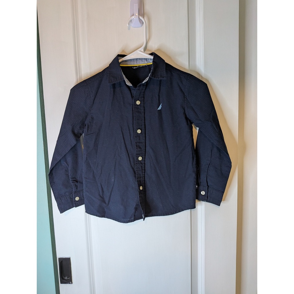 Nautica Boys Navy Blue Micro Stripe Long Sleeve Button Down Shirt Logo